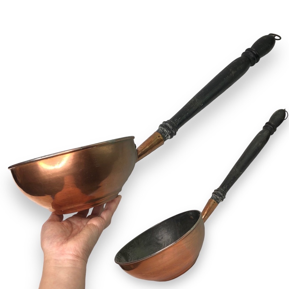 Vtg 80s Turkish Copper Pot Large Spoon Rustic 16" Wood Handle Wall Hanging ring